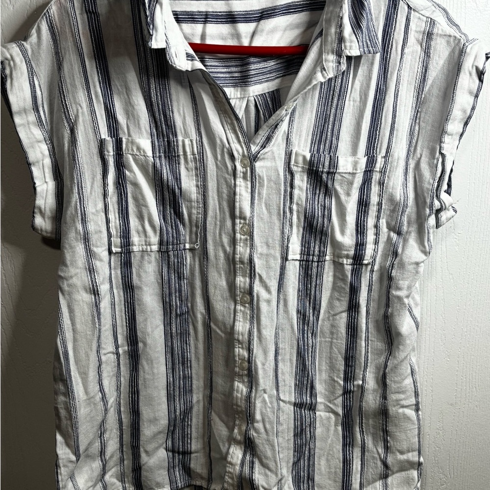 Miss Me Casual Button Down Shirt - Navy and White Stripes